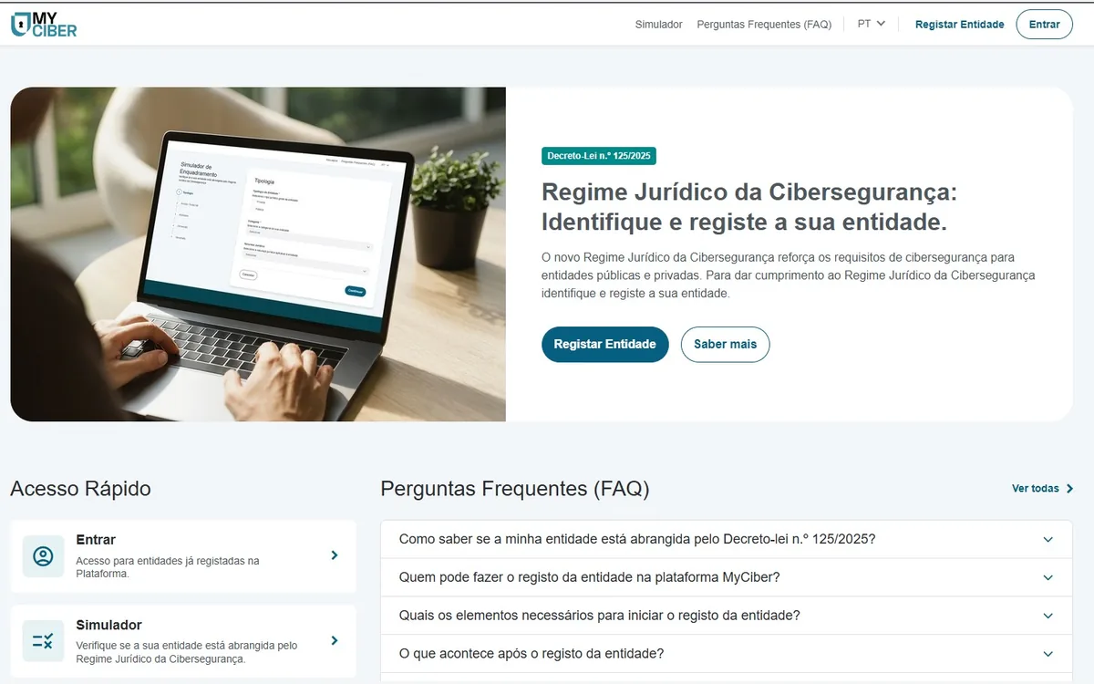 Página inicial da MyCiber, com os botões Registar Entidade e Simulador