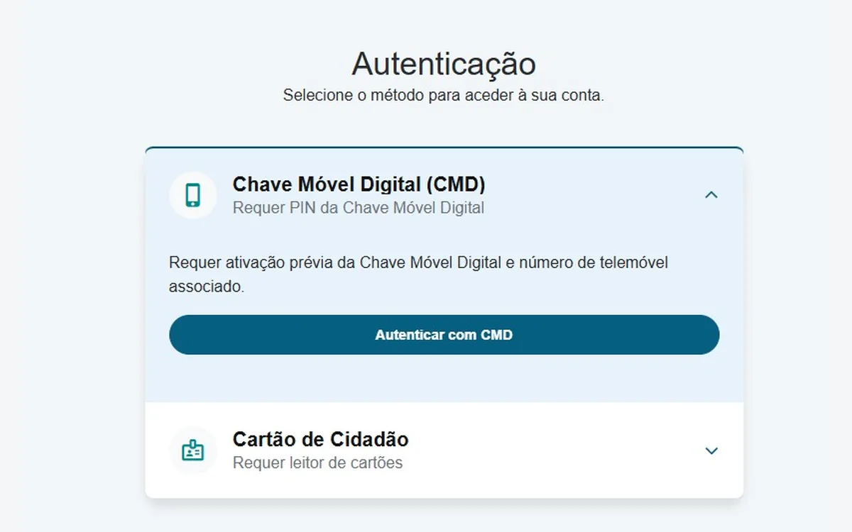 Ecrã de escolha entre Chave Móvel Digital e Cartão de Cidadão