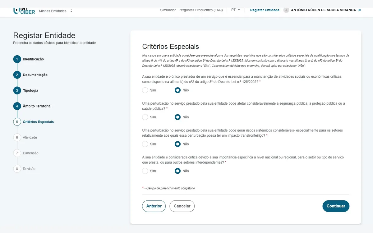 Etapa 5, Critérios Especiais, com quatro perguntas de qualificação