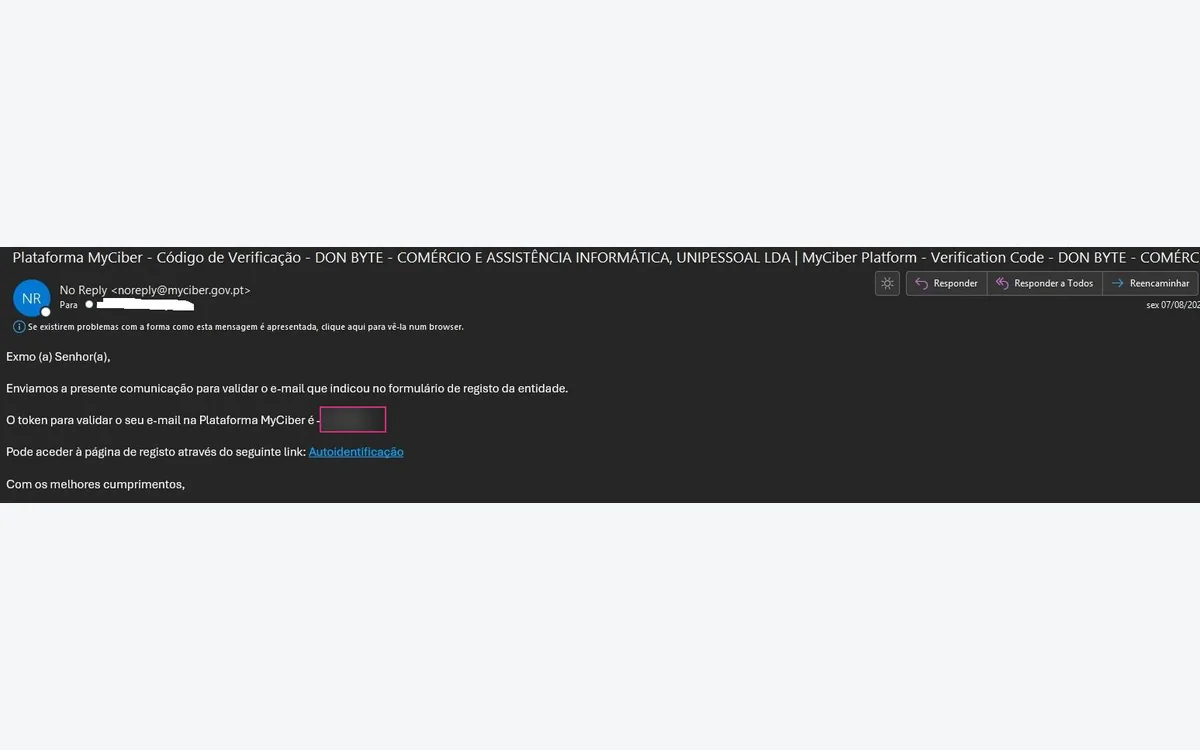 Email da plataforma MyCiber com o token de validação, aqui ocultado